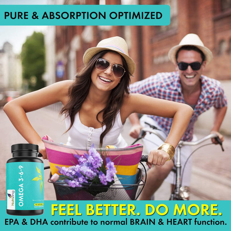 Omega 3 6 9 Triple Strength Fish Oil + Flaxseed Oil & Sunflower Oil - EPA & DHA - High Strength 1000mg - Made in The UK - Omega369 in one softgel by NutriZing - Potent Essential Fatty Acids - NewNest Australia