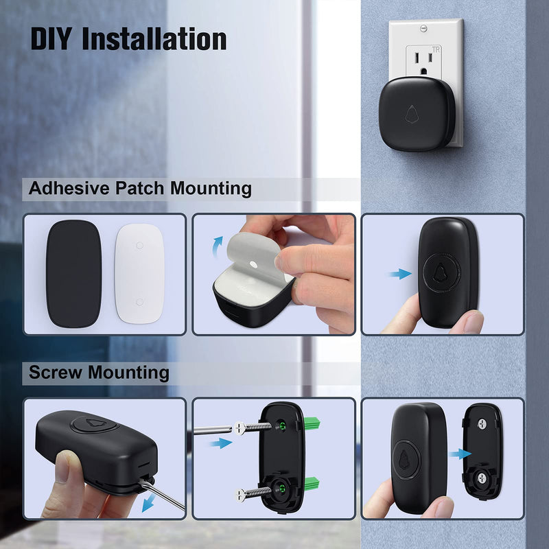 SECRUI Wireless Doorbell with 2 Buttons, Waterproof Mini Doorbell 1,000ft Range 110dB Mute Mode 58 Door Chimes & Colorful LED Flashing - Black - NewNest Australia