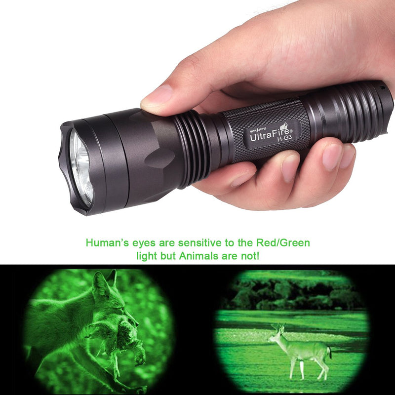 ULTRAFIRE Green Hunting Flashlight, XP-E2 LED 650 Lumens, Single Mode, 520-535 nm Wavelength 256 Yards,Tactical Night Hunting Light for Hog Pig Coyote Varmint Predator Rifle (Battery not Included) - NewNest Australia