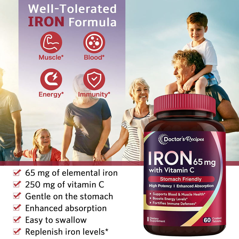 Doctor’s Recipes Iron 65 mg Carbonyl Iron with Vitamin C, Maximized Absorption Easy on The Stomach, Red Cells Formation, Blood, Heart, Brain, Muscle & Immunity Health, Vegan Non-GMO 60 Tablets - NewNest Australia