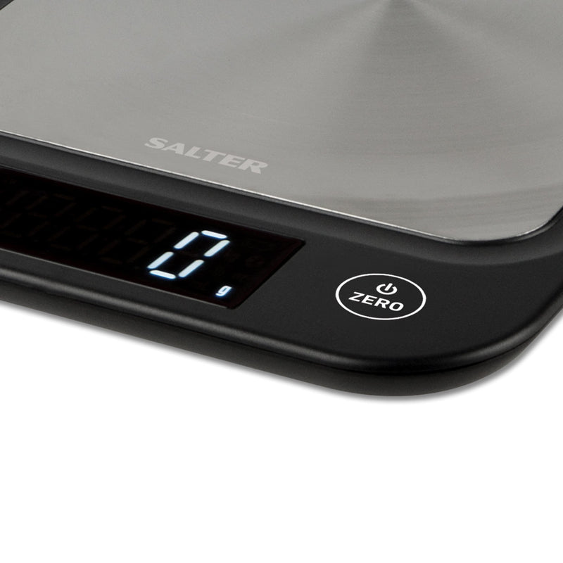 Salter 1068 SSBKDR Ultra Slim Electronic Kitchen Scale, Stainless Steel Platform, Grams & oz. for Baking & Cooking, Easy Clean, Add & Weigh, Measures Liquids, Backlit Display, Black stainless steel Black, Stainless Steel Scales Single - NewNest Australia