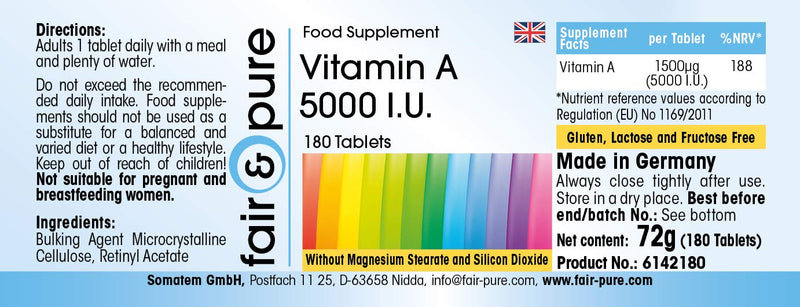 Fair & Pure® - Vitamin A 5000 IU (1500µg) - Retinyl Acetate - vegan - without magnesium stearate - 180 tablets - NewNest Australia