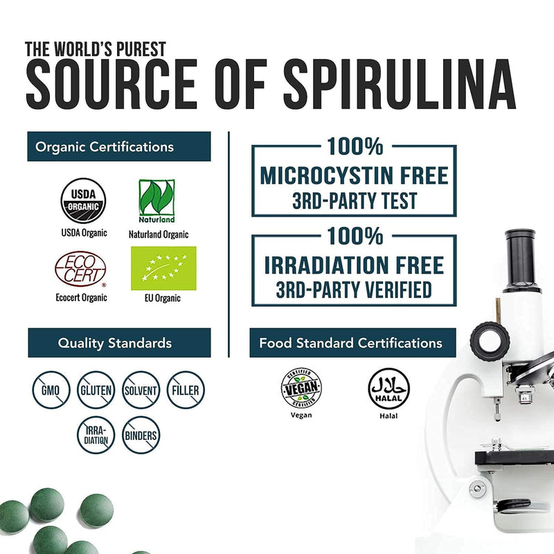 Organic Spirulina Tablets (360 Tablets) - Made with Parry® Spirulina, The Best Spirulina in The World, Highest Nutrient Density - Non-Irradiated, 4 Organic Certifications (90 Servings) 360 Count (Pack of 1) - NewNest Australia