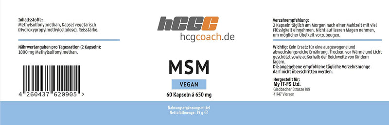 hCGC® MSM capsules | 60 pieces each 645 mg | Ideal for the 21 day metabolism treatment | Vegan | Made in Germany - NewNest Australia