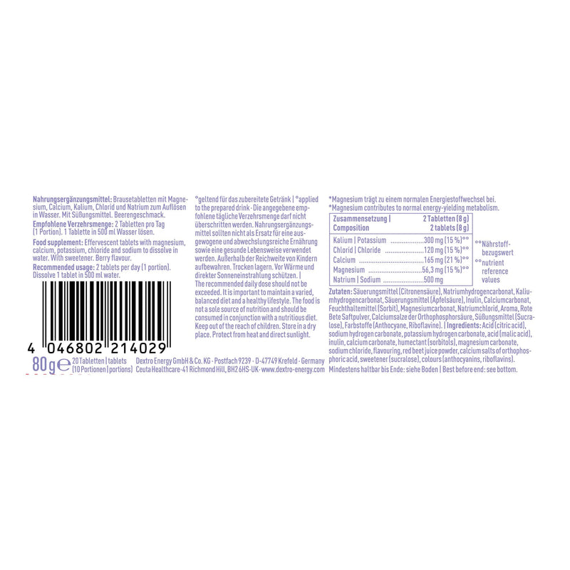 DEXTRO ENERGY ZERO CALORIES BERRY - 3x20 effervescent tablets (pack of 3) - added sodium, magnesium, chloride, calcium and potassium for electrolyte drinks, supplement to workout, sugar-free, vegan pack of 3 - NewNest Australia
