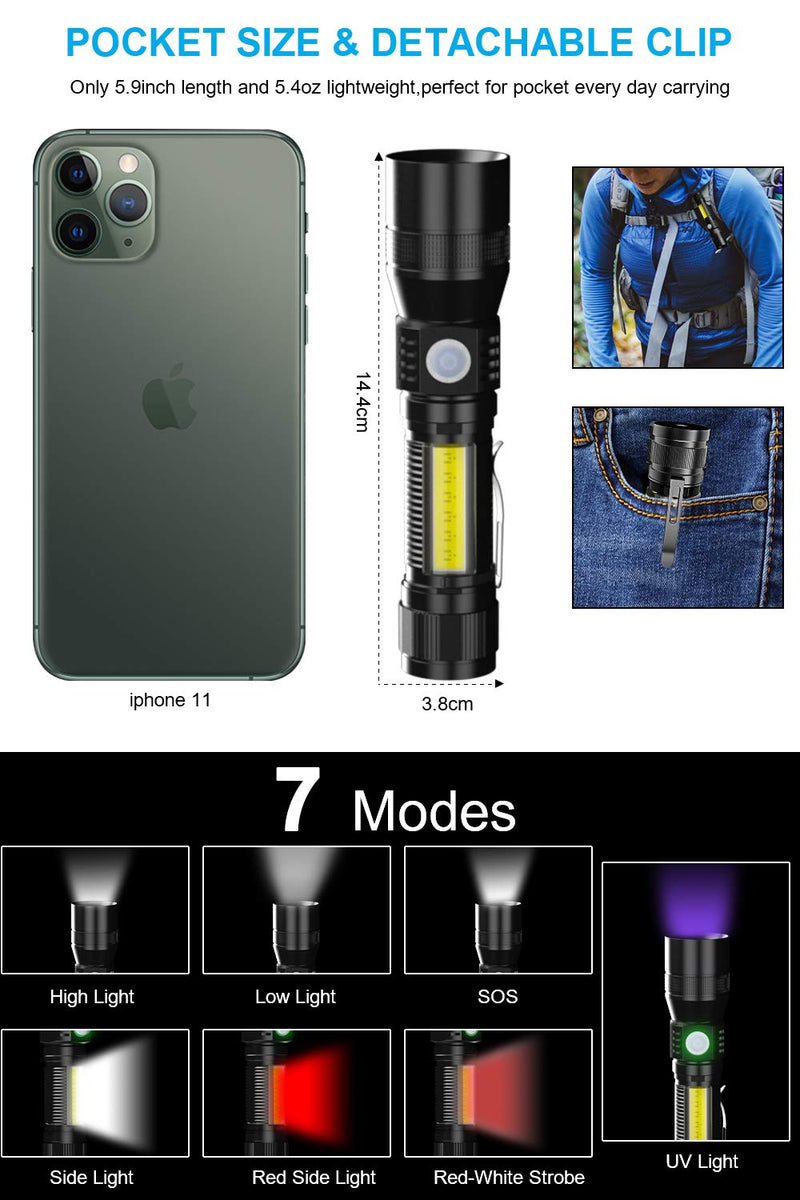 UV Flashlight Rechargeable, Black Light Flashlight with Magnet&Side Work Light 3in1 Tactical Flashlight Blacklight&Redlight, 1300lm, Zoomable, Waterproof LED Torch for Pet Urine Detector, Mechanics 2 - NewNest Australia