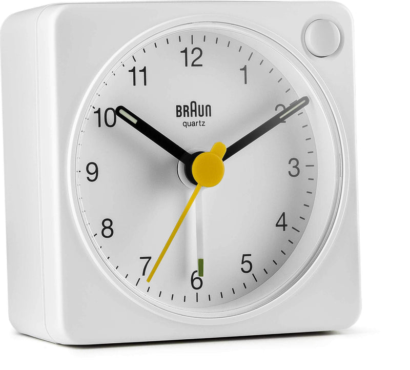 NewNest Australia - Braun Classic Travel Analogue Alarm Clock with Snooze and Light, Compact Size, Quiet Quartz Movement, Crescendo Beep Alarm in White, Model BC02XW. 