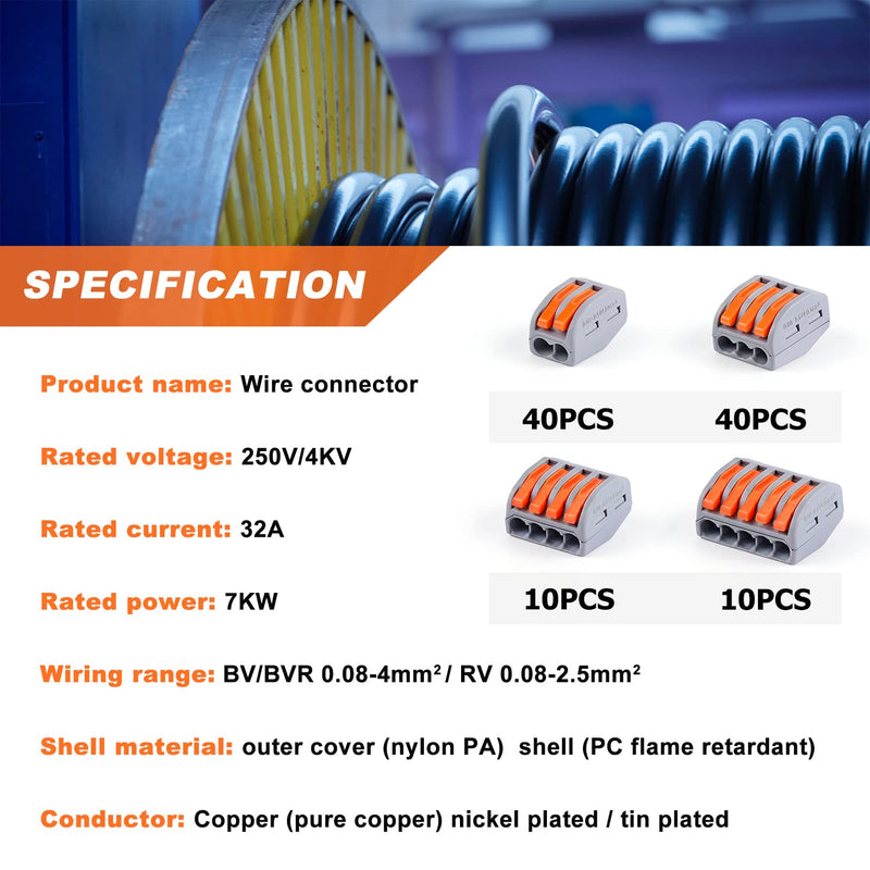 Zhushan 100 PCS Compact Wire Conductor Connector Set,2/3/4/5 Port Push-in Lever Wire Nut Connector Kit, Quick Connection Terminal 28-12 AWG 100pcs - NewNest Australia