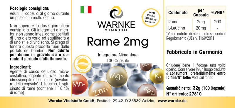 Copper capsules - 2mg - vegan - 100 capsules - made from copper bisglycinate | Warnke vital substances - NewNest Australia