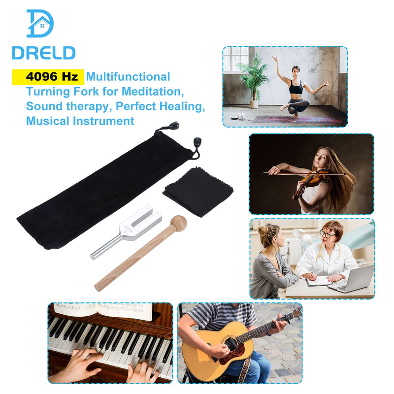 Dreld 4096 Hz Standard Tuning Fork Aluminum Tuning Fork Chakra Tuning Fork with Wooden Hammer and Bag Cloth for Sound Therapy Musical Instrument Healer Vibration (Silver) C4096HZ - NewNest Australia