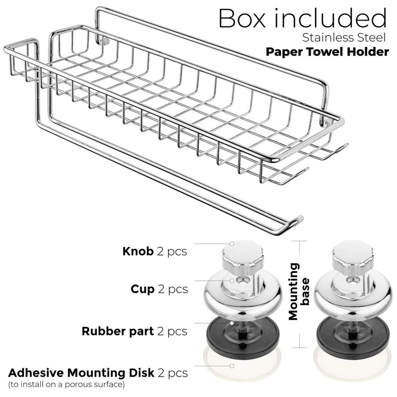 HASKO accessories Suction Cup Paper Towel Holder with Shelf and Hooks - Wall Mount Metal Roll Organizer - Tissue Roll Hanger for Bathroom & Kitchen - SUS 304 Stainless Steel Roll Holder - Chrome - NewNest Australia