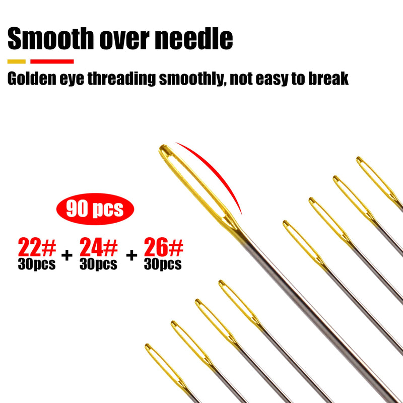 90pcs Cross Stitch Needles +1 Stainless Steel Needle Threader,Golden Color Large Eyes Cross Stitch DIY Embroidery Hand Needles Sewing Needles in Transparent Box Size 22# 24# 26# 22#+24#+26# - NewNest Australia