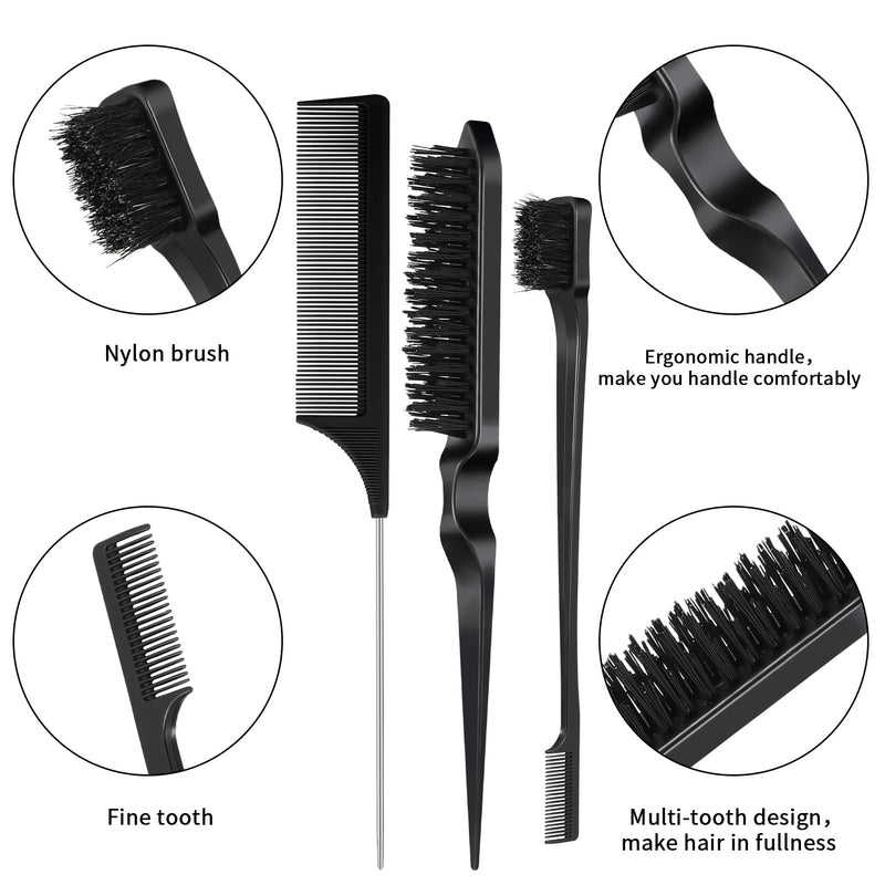 Fuyamp 3 Packs Slick Brush Set Teasing Brush Set, Plastic Bristle Hair Brush Teasing Comb Edge Hair Brush Grooming Combs Sturdy Rat Tail Comb Double Sided Edge Brush for Women Hair Salon Hair Slicking Black - NewNest Australia