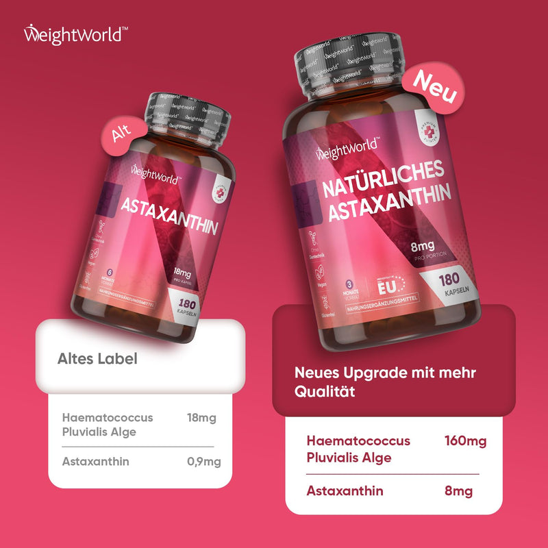 Natural & Pure Astaxanthin 8Mg - 160Mg Haematococcus Pluvialis Algae (Sea Algae) - 180 Vegan Capsules For 3 Months - With High Bioavailability Astaxanthin - For Women & Men - Weightworld - NewNest Australia