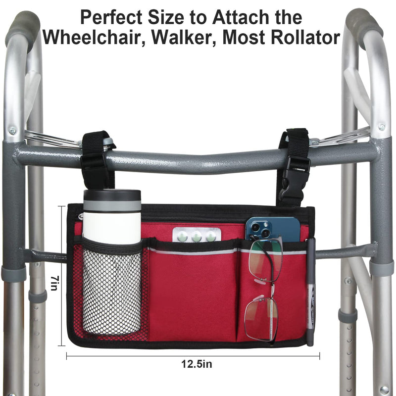 Wheelchair Side Organizer Storage Bag Armrest Pouch with Cup Holder and Reflective Stripe Use Waterproof Fabric, for Most Wheelchairs, Walkers or Rollators (Red) Red - NewNest Australia