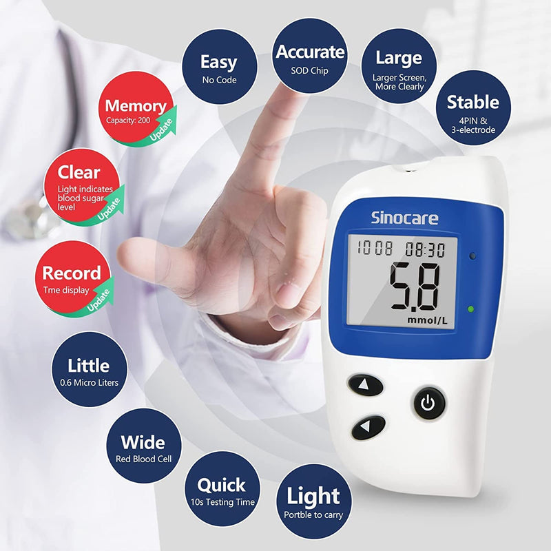 sinocare Diabetes Testing Kit/Blood Sugar Monitor Safe Accu2 /Blood Glucose Monitor with Light Warning, with Strips x 100 & Lancing Devices x 100 & Case for UK Diabetics -in mmol/L safe-accu2 kit-100 - NewNest Australia