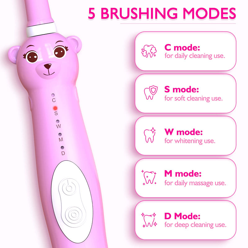 CHAIN PEAK Kids Sonic Electric Toothbrush, Cute Bear Rechargeable Toothbrush for Children, Boys Girls Age 3-12 with 30s Reminder, 2 Min Timer, 5 Modes, 8 Brush Heads, Bear Toothbrush Pink+8 Heads - NewNest Australia