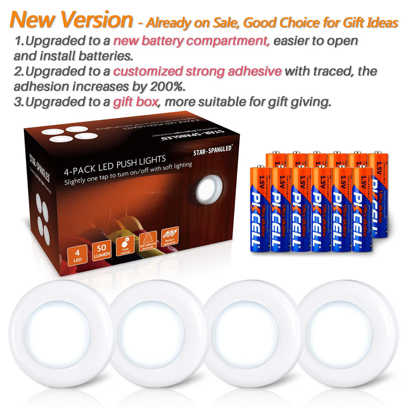STAR-SPANGLED Tap Light, Push Lights, Stick on Lights Battery Powered Operated, Night Touch Light, Mini LED Puck Lights for Closet, Under Cabinets, Kitchen (Includes 12 Batteries, Cool White, 4 Pack) 4 Pack, Push Control, Include battery - NewNest Australia
