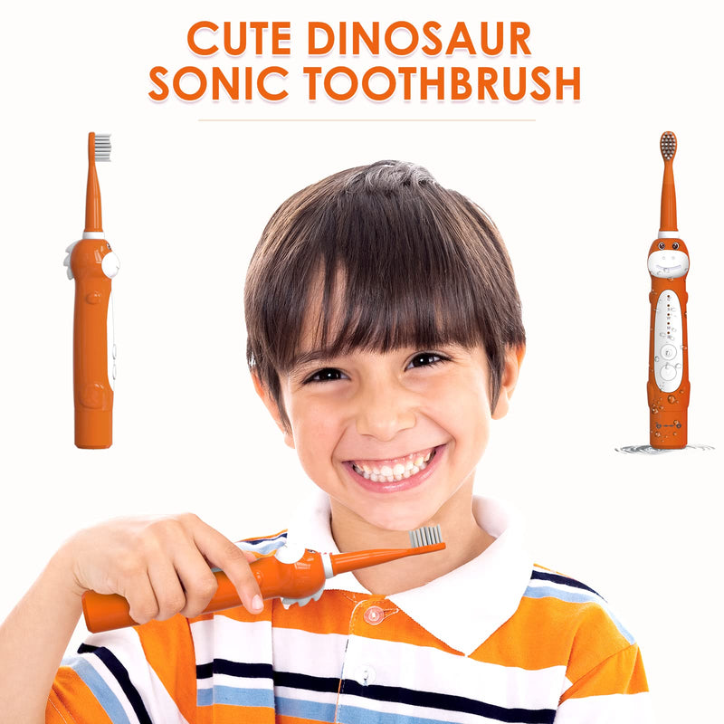 Dinosaur Toothbrush, Kids Sonic Electric Toothbrush for Children, Toddlers Boys Girls Age 3-12 with 30s Reminder, 2 Mins Timer, 5 Modes, 6 Brush Heads, Rechargeable, Wall-Mounted Holder 8680 Orange+ 6 Heads+ Holder(package Might Vary) - NewNest Australia