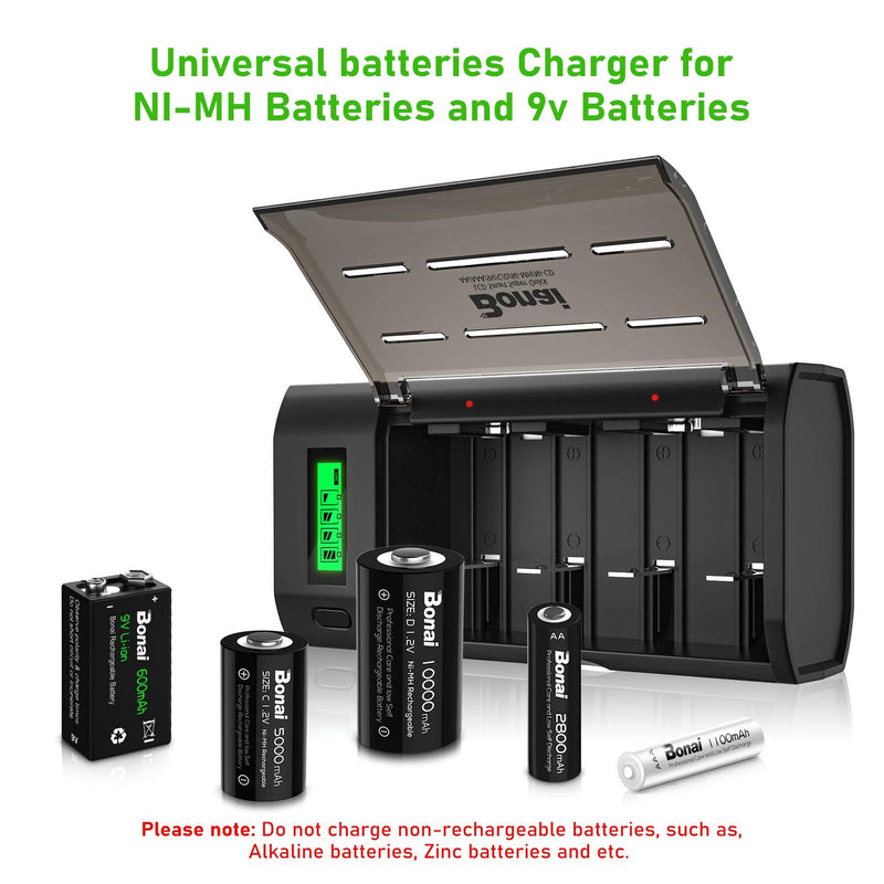 BONAI LCD Universal Battery Charger for AA, AAA, C, D, 9V Ni-MH Ni-CD Rechargeable Batteries with Discharge Function Black - NewNest Australia