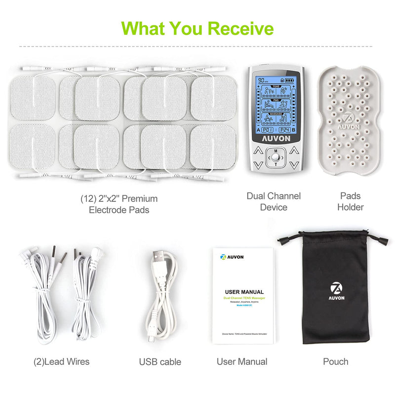 AUVON Dual Channel TENS EMS Unit 24 Modes Muscle Stimulator for Pain Relief, Rechargeable TENS Machine Massager with 12 Pads, ABS Pads Holder, USB Charger and Dust-Proof Storage Bag - NewNest Australia