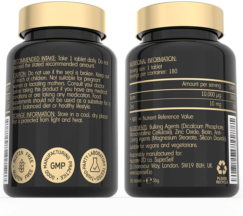 High Strength Biotin Tablets with Zinc - 10000mcg Biotin Tablets for Hair Nails & Skin - 6 Months Supply 180 Capsules 10 000mcg - UK Made & Vegan - Natural Supplement B7 Vitamins for Men and Women - NewNest Australia