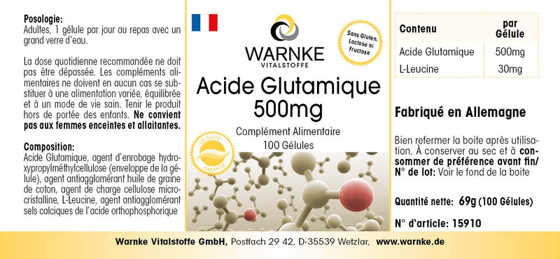 Glutamic acid 500mg - vegan & high dose - 100 capsules | Warnke vital substances - NewNest Australia