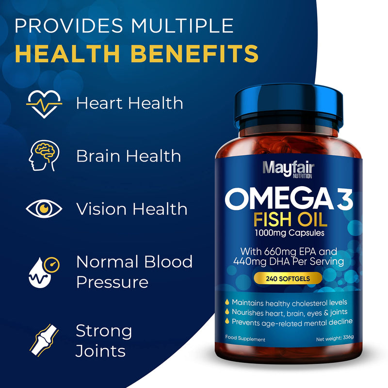 Omega 3 1000mg Capsules - 240 Fish Oil Tablets with 660mg EPA & 440mg DHA per Daily Serving - Supports Heart, Vision, & Brain Health - 4 Months Supply - Made in UK - NewNest Australia
