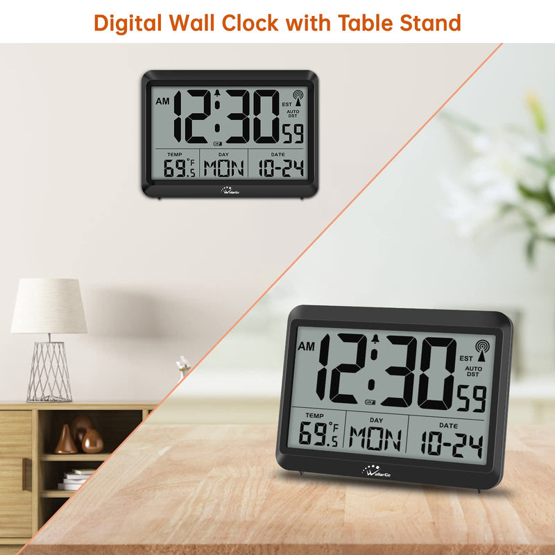 WallarGe Atomic Clock Battery Operated - Large Display Digital Alarm Clock with Seconds and Indoor Temeperature, 4 Time Zones, DST Black - NewNest Australia