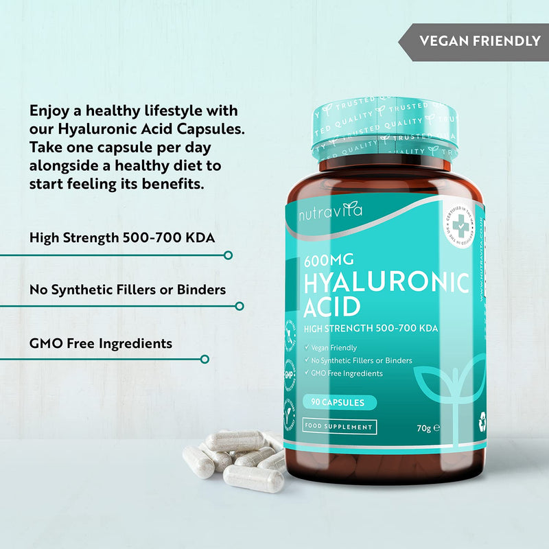 Hyaluronic Acid Capsules - 3 Month Supply of 600mg Hyaluronic Acid Capsules - High Dose with 500-700 KDA - GMO Free with No Synthetic Fillers or Binders - Made in The UK by Nutravita 90 Capsules - NewNest Australia