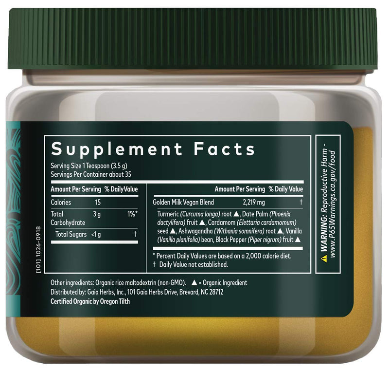 Gaia Herbs, Golden Milk Powder, Stress Support, Ashwaganda, Black Pepper, Cardamom, Date Palm, Turmeric, Vanilla, Vegan Powder Supplement, 4.3-Ounce 4.3 Ounce (Pack of 1) - NewNest Australia