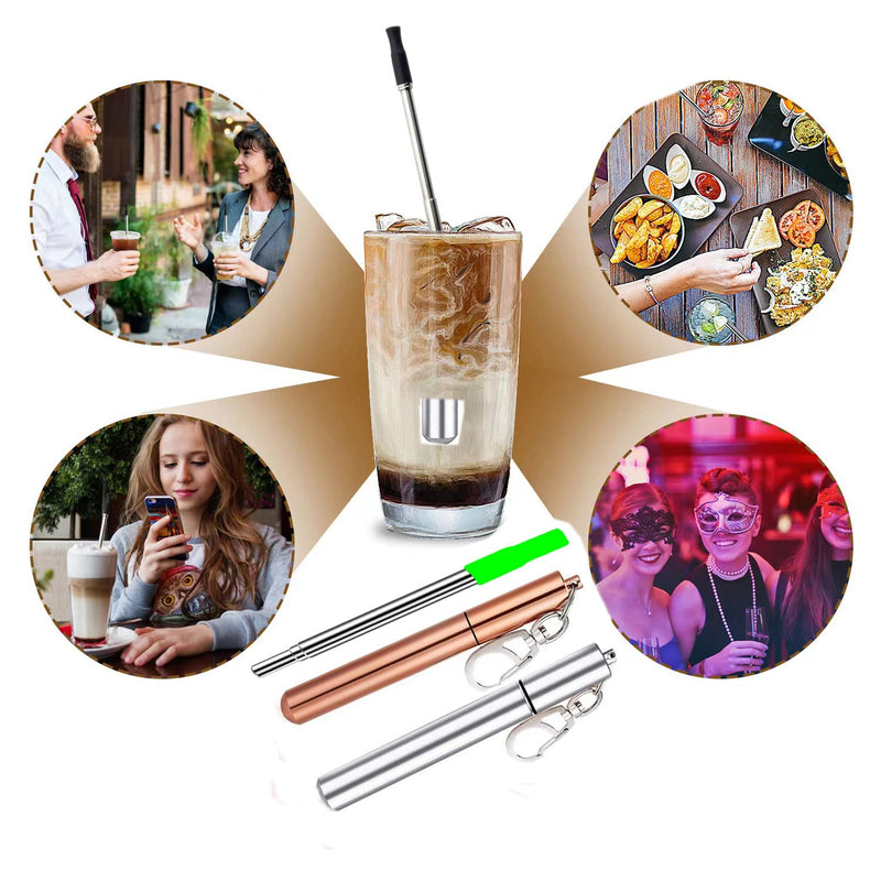 2 Pcs Portable Metal Straws, 3-Section Adjustable Telescopic Straw with Silicone Tips Cover, Aluminum Keychain Case and Telescopic Cleaning Brush, Unique Design for Home Travel(Silver & Gold) - NewNest Australia