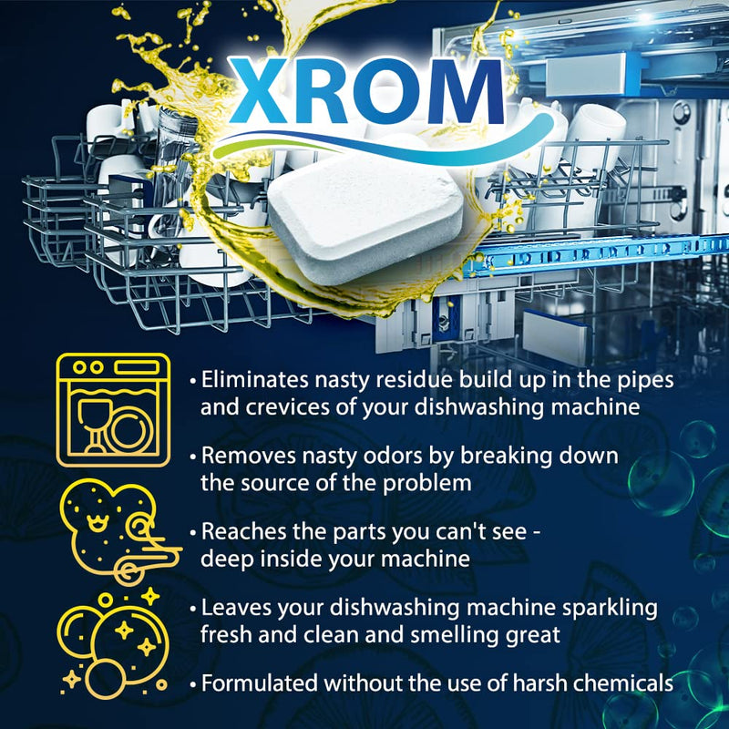XROM High Efficiency Natural Dishwasher Cleaner 3 in 1 Formula, Removes Odors, Limescale & Detergent Build-Up, Contains 100% More Grease Removal Actives, Removes Hard Water Stains, Powerful Descaling, 6 Ct (Lemon Scent) Lemon - NewNest Australia