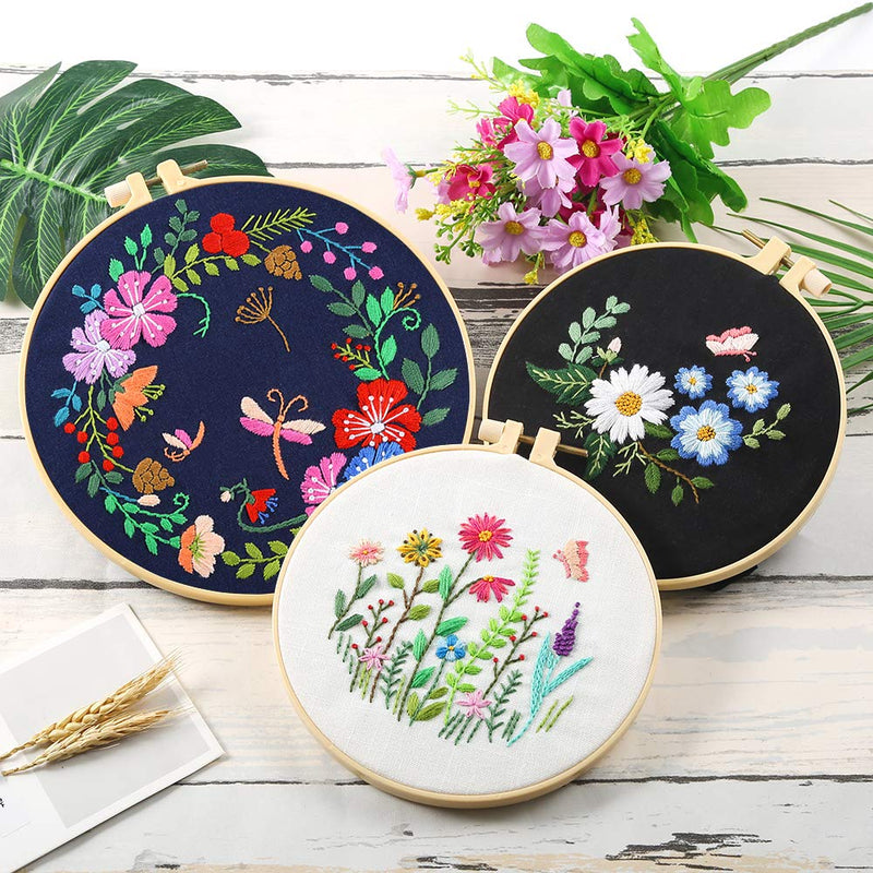 Caydo 3 Sets Embroidery Starter Kit with Pattern and Instructions, Cross Stitch Kits Include 3 Embroidery Cloth with Floral Pattern, 3 Plastic Embroidery Hoops, Color Threads and Tools Black - NewNest Australia