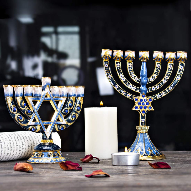 NewNest Australia - YU FENG 7 Branch Hanukkah Menorah Candle Holder Crystal Rhinestones Bejeweled Star of David Motif Hand-Painted Enamel Candlesticks 