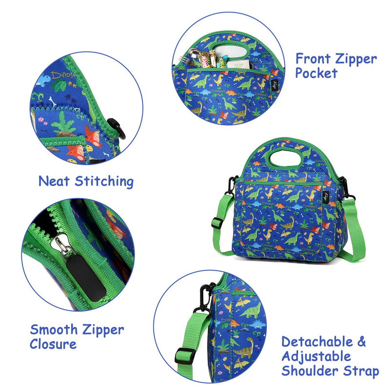 NewNest Australia - Kasqo Lunch Bag for Kids, Neoprene Insulated Boys Lunch Boxes Children’s Lunch Tote with Front Pocket and Detachable Adjustable Shoulder Strap in Cute Dinosaur 