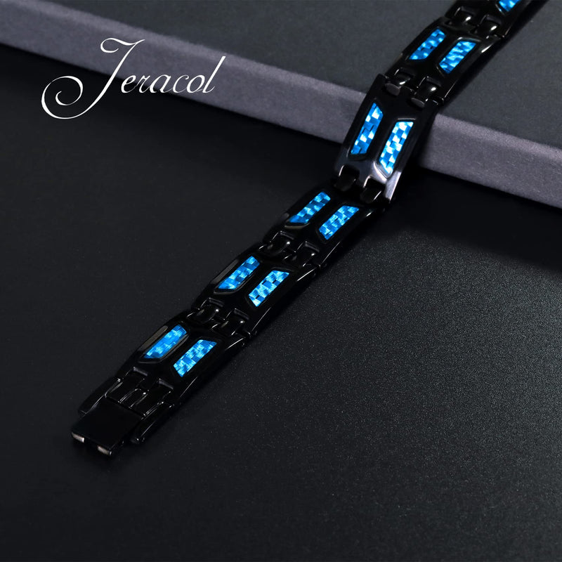 Jeracol Blue Carbon Fiber Titanium Steel Magnetic Bracelet for Men, 4 Element Double Row Strong Magnets,Size Adjustable Brazaletes Wristband with Removal Tool&Gift Box,Gift for Boyfriend Father's Day A-black Bule - NewNest Australia