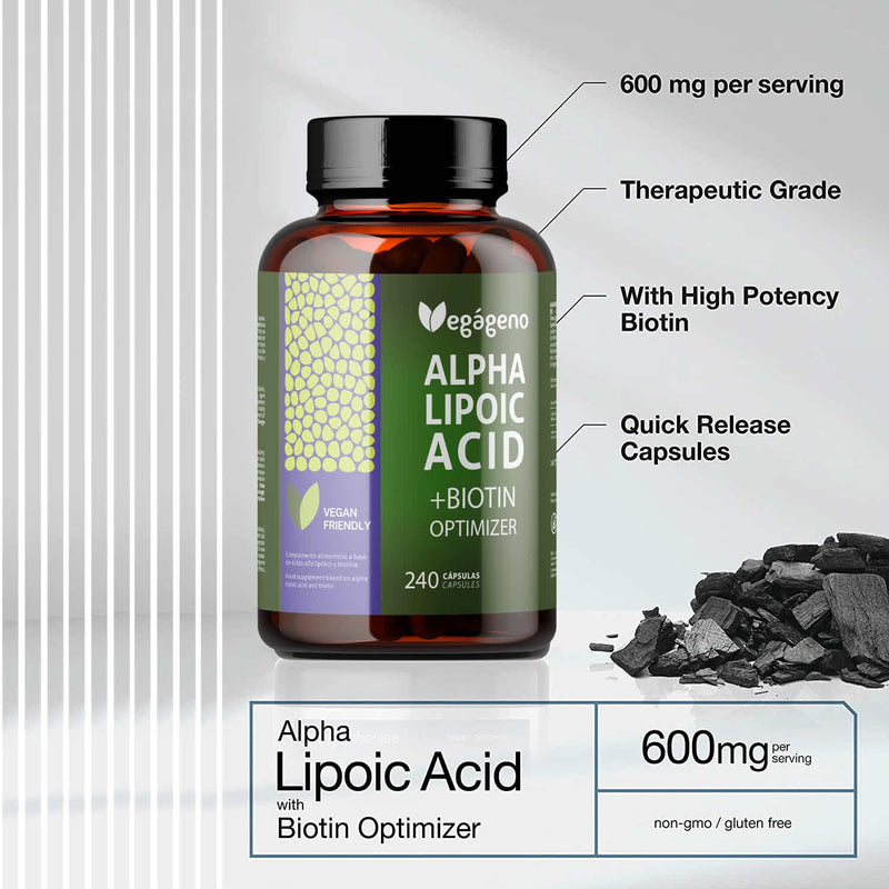 Alpha Lipoic Acid (ALA) + BIOTIN Optimizer, High Bioavailability, Natural Antioxidant, Gluten Free, GMO Free, 100% Vegan, Strengthens Skin, Nails & Hair, 240 Vegetarian Capsules, 4 Month Supply - NewNest Australia