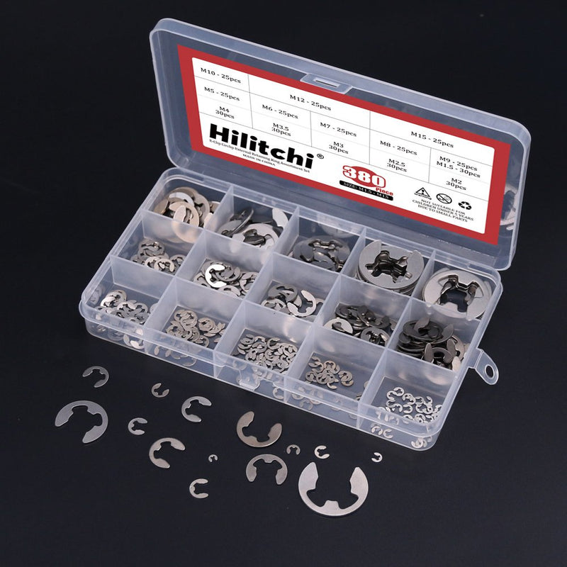 Hilitchi 380-Pcs [14-Size] E-Clip Circlip External Retaining Ring Assortment Set - 304 Stainless Steel - NewNest Australia