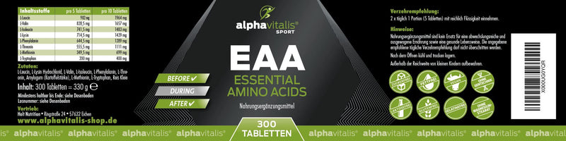 EAA tablets vegan - all 8 essential amino acids in high doses including BCAA and L-lysine - without magnesium stearate or capsules - essential amino acids 300 vegan tablets - NewNest Australia