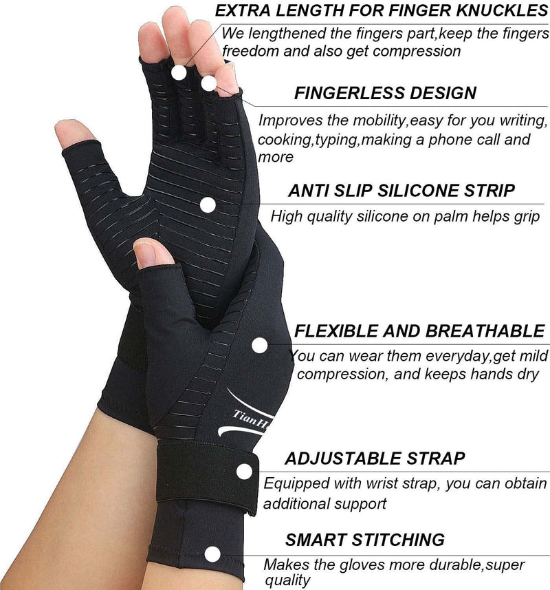 2 Pairs Fingerless Arthritis Gloves for Women, Copper Compression Gloves for Men with Adjustable Wrist Strap, Carpal Tunnel Small/Medium - NewNest Australia
