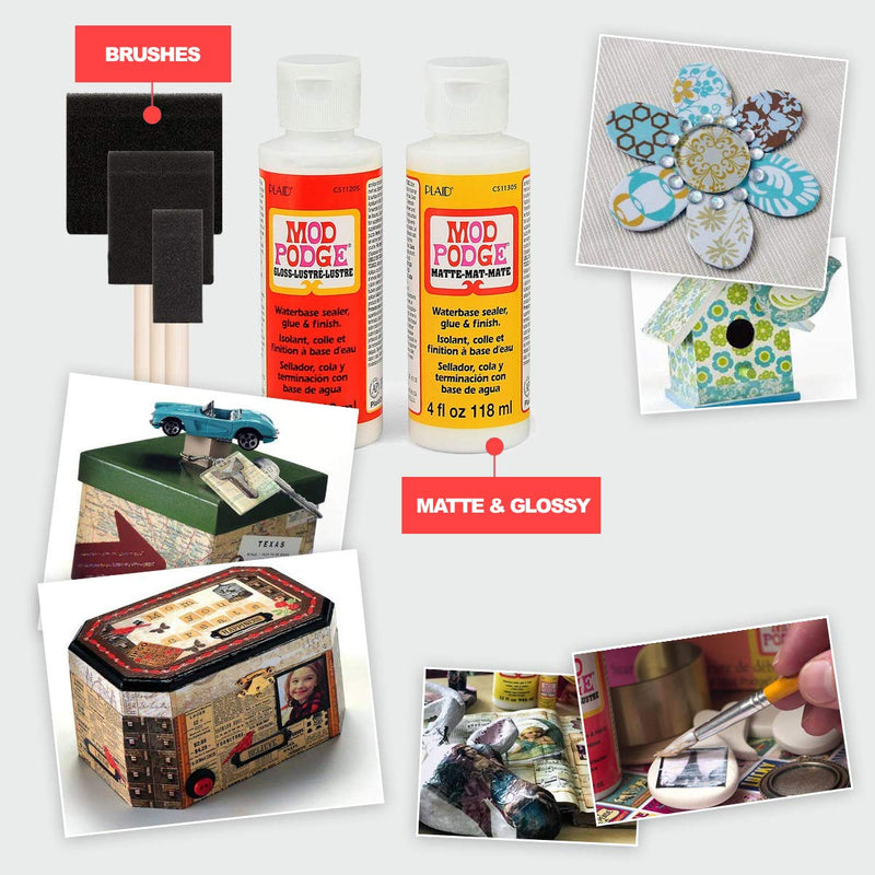 Mod Podge Decoupage Starter Kit, Gloss and Matte Medium with 3 Pixiss Foam Brushes, Waterproof for Puzzles, Wood and More 4oz - NewNest Australia