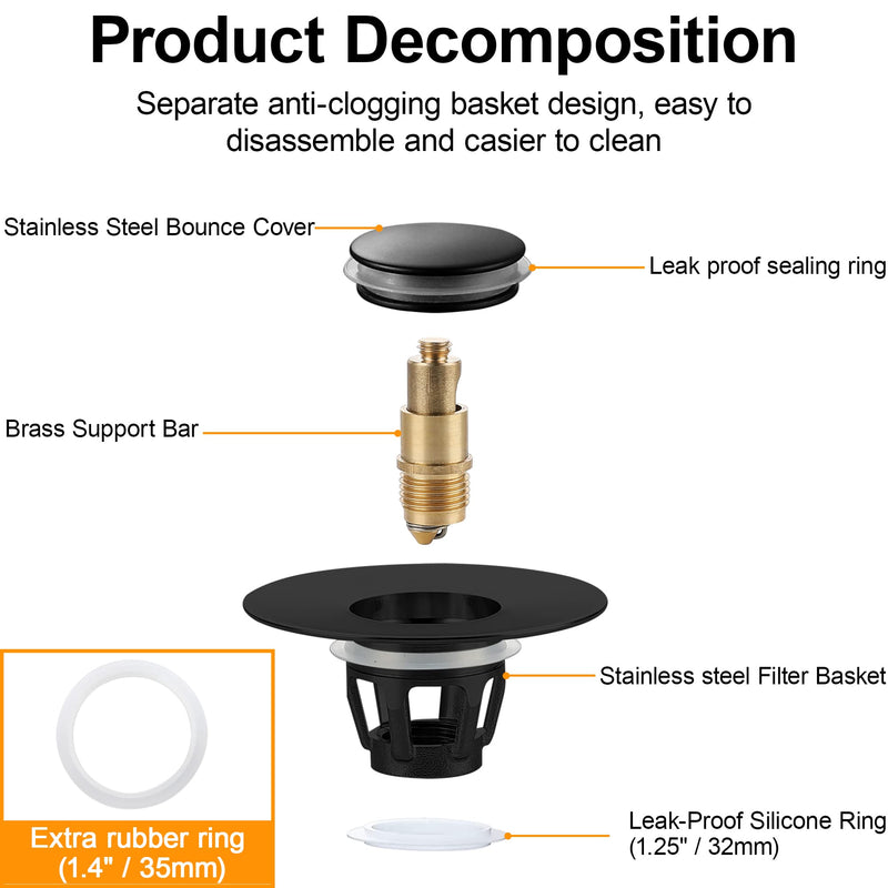 Bathroom Pop Up Sink Drain Stopper, Fits 1.25" Drain Hole, Anti Clogging Drain Filter Plug, Wash Basin Strainer with Basket, Black 1 1/8"-1 1/4" - NewNest Australia