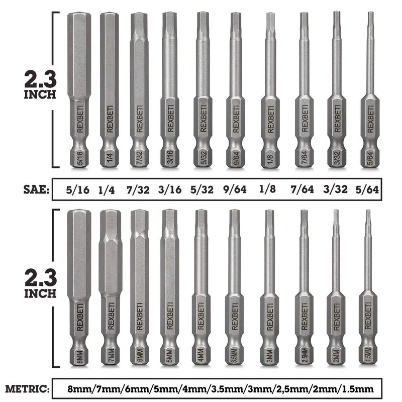 REXBETI 20 Piece Hex Head Allen Wrench Screwdriver Bit Set, SAE Metric 1/4 Inch Hex Shank S2 Steel Magnetic 2.3 Inch Long Drill Bits with Storage Box - NewNest Australia