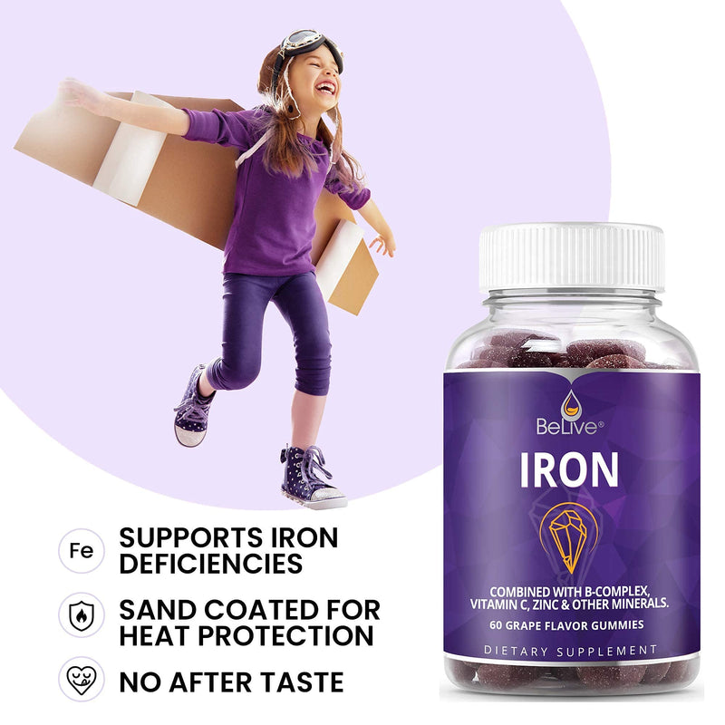 Iron Gummies Supplement with Vitamin C, A, Vitamins B Complex, Folate, Multivitamins for Women, Kids & Adults - Supports Energy, No After Taste, Vegan Supplements - Grape Flavor (60 Ct) 1 - NewNest Australia