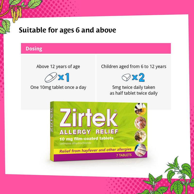 Zirtek Allergy Relief, Pack of 7 Tablets x 6 | Hayfever, Dust, Pets, and Hives | Cetirizine Antihistamine Tablet | Helps Relieve Allergic Symptoms | For Adults and Children Over 6 Years - NewNest Australia
