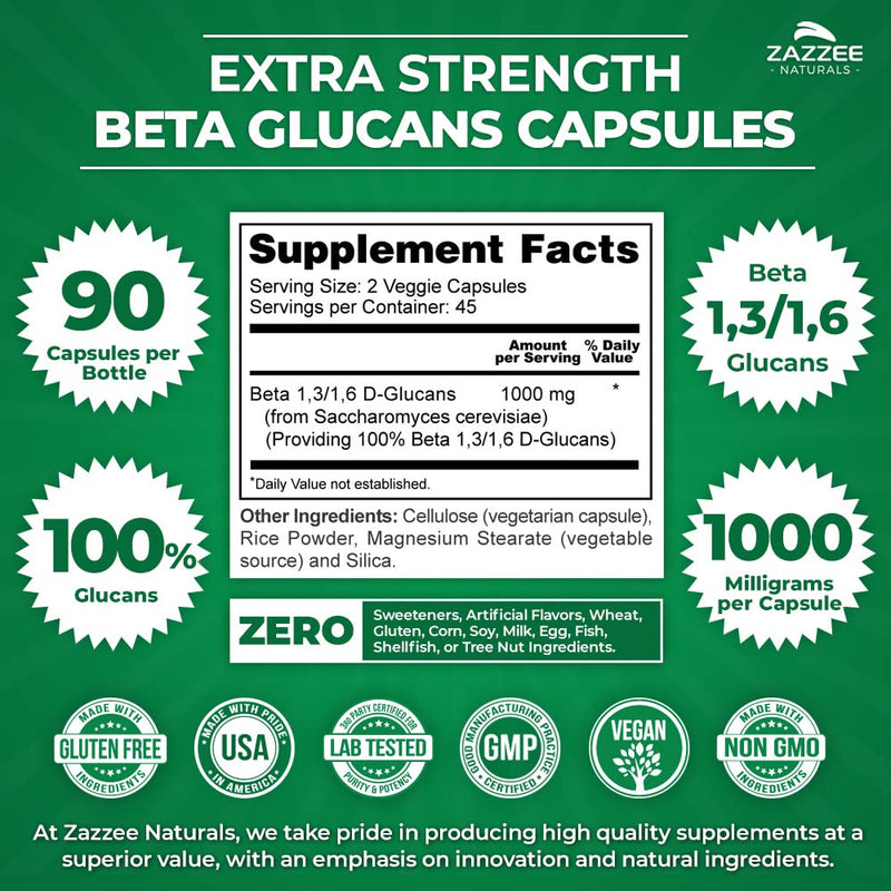 Zazzee Extra Strength 1,3/1,6 Beta Glucans 1000 mg, 100% Glucan Content, 90 Vegan Capsules, Supports a Healthy Immune System, Non-GMO and All-Natural - NewNest Australia