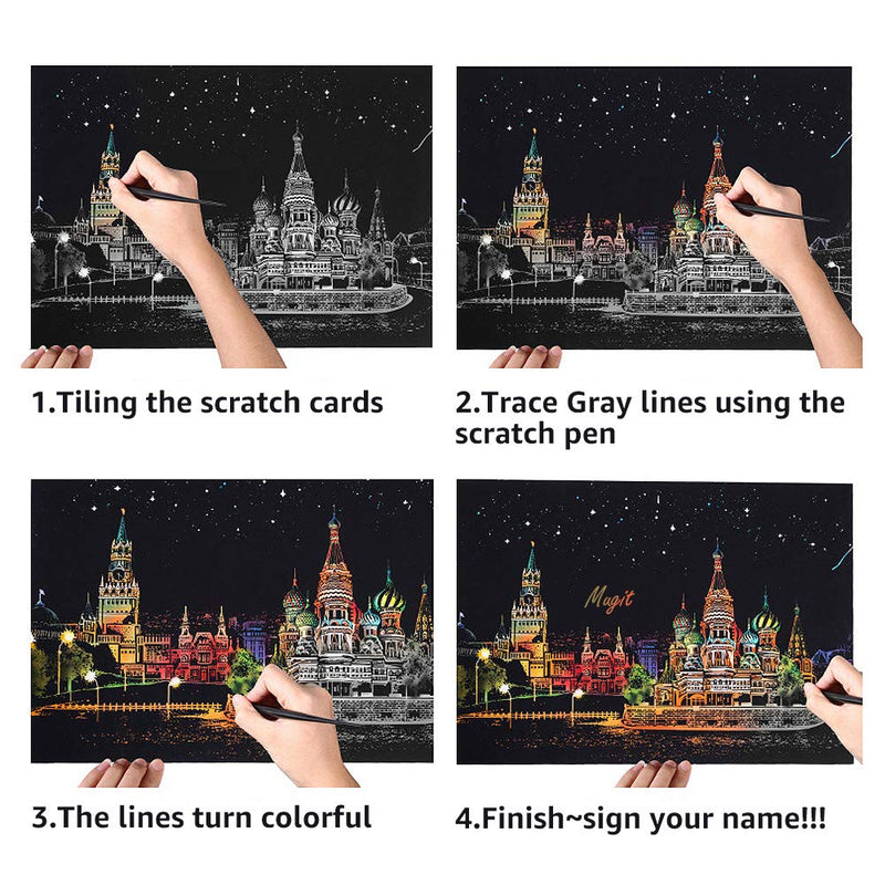 Scratch&Sketch Art Paper(A4) for Kids&Adults, Rainbow Painting Night View Scratchboard, Art&Craft, Engraving Art Set: 4 Scratch Cards & Scratch Drawing Pen, Clean Brush (Street Corner) Street Corner - NewNest Australia