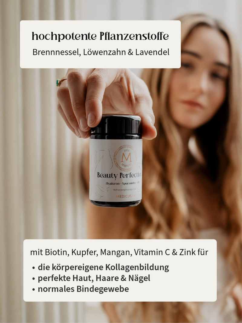 Medicusan Beauty Perfection I - 200mg hyaluronic acid - 1mg spermidine - 11,250mg OPC grape seed - 100% NRV biotin, copper, manganese - nettle, lavender, dandelion and much more. – 2 capsules/day – 60 PCS/30 days - NewNest Australia