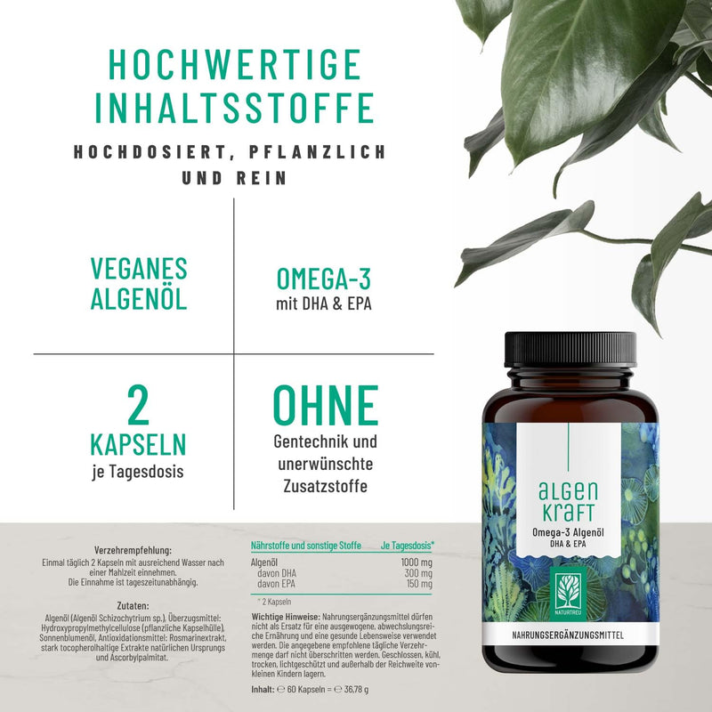 Naturtreu Algae Power - Omega 3 Vegan From Algae Oil - 1000Mg Omega 3 Algae Oil From Sustainable Cultures - Microalgae Oil With High Doses Of Dha & Epa In The Optimal Ratio - Laboratory Tested - NewNest Australia